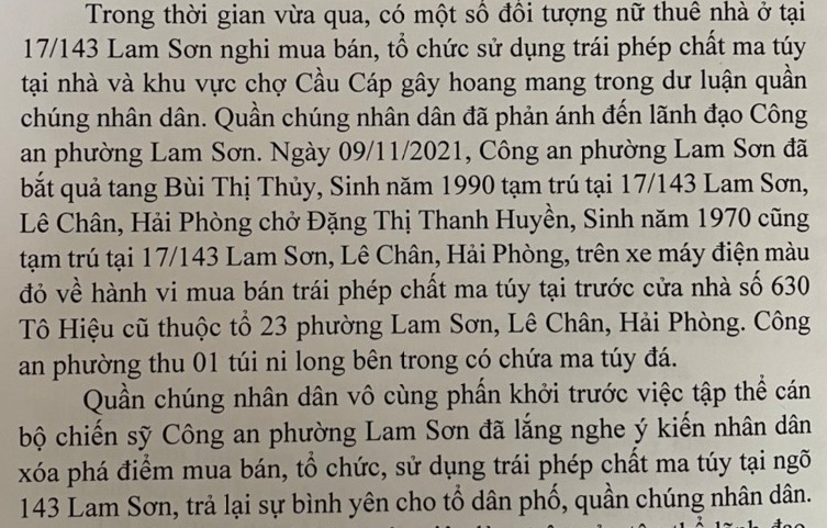 Người dân gửi Thư cảm ơn Công an phường Lam Sơn, quận Lê Chân